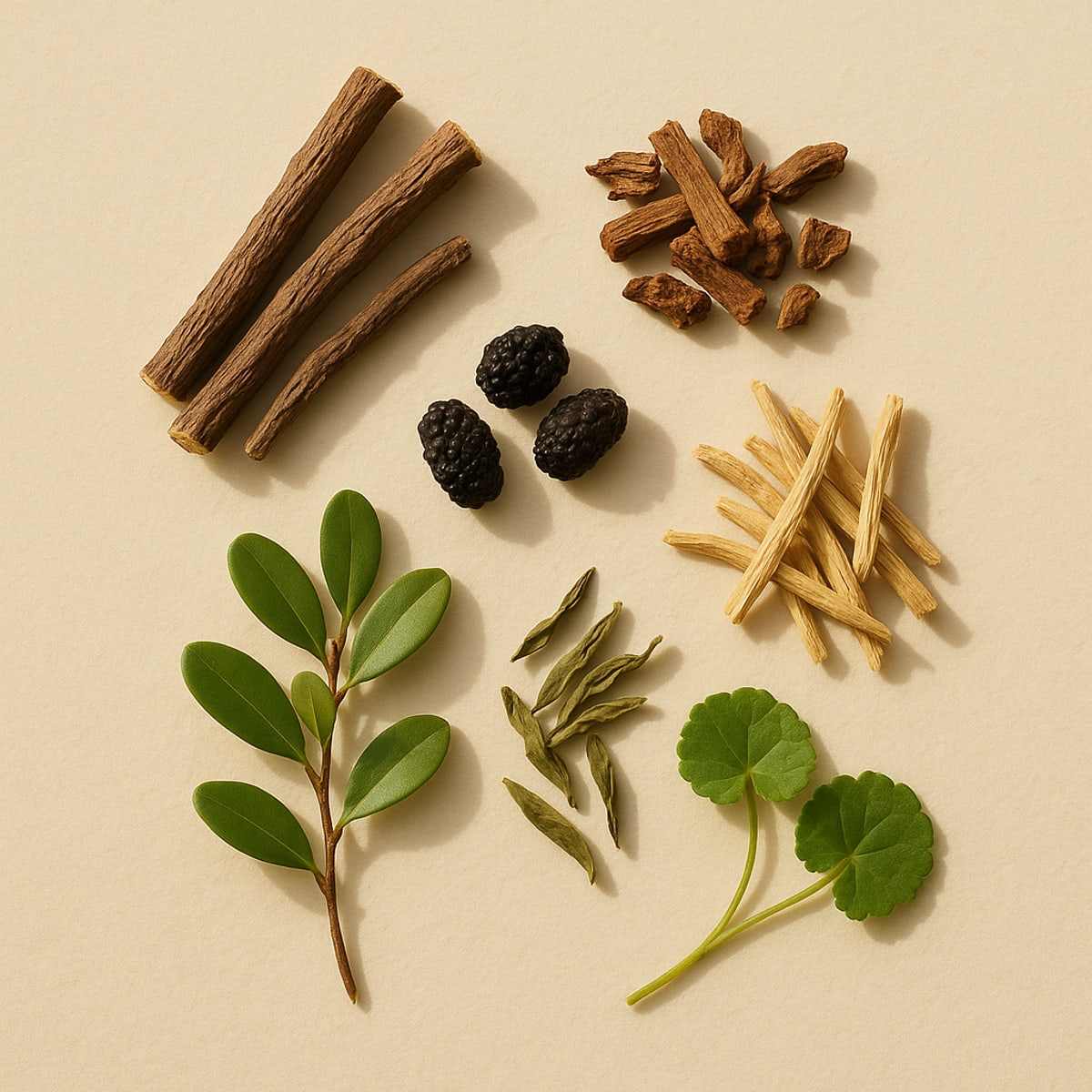 Ayurvedic glow botanicals flat-lay — ingredients of Varnyaglow Botanical Glow Booster Serum