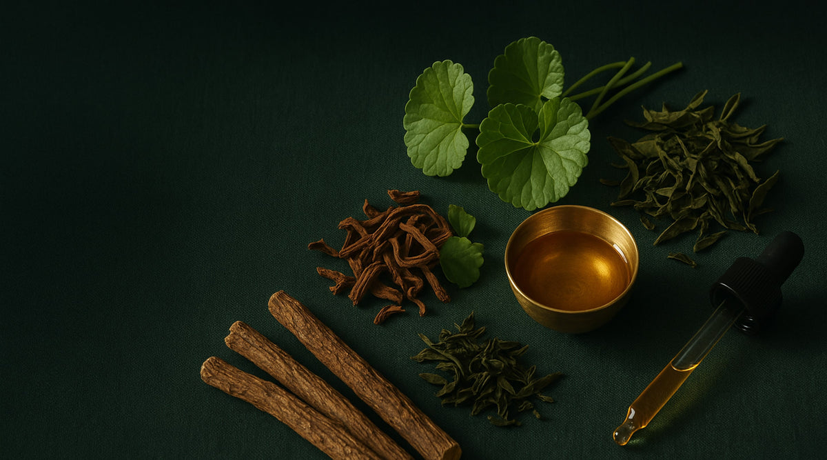 Licorice root, centella leaves and green tea — botanicals used in Varnyaglow Ayurvedic skincare