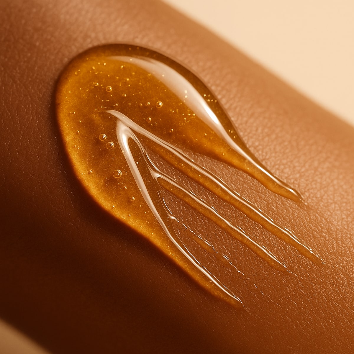 Golden brightening serum texture on Indian skin — Varnyaglow