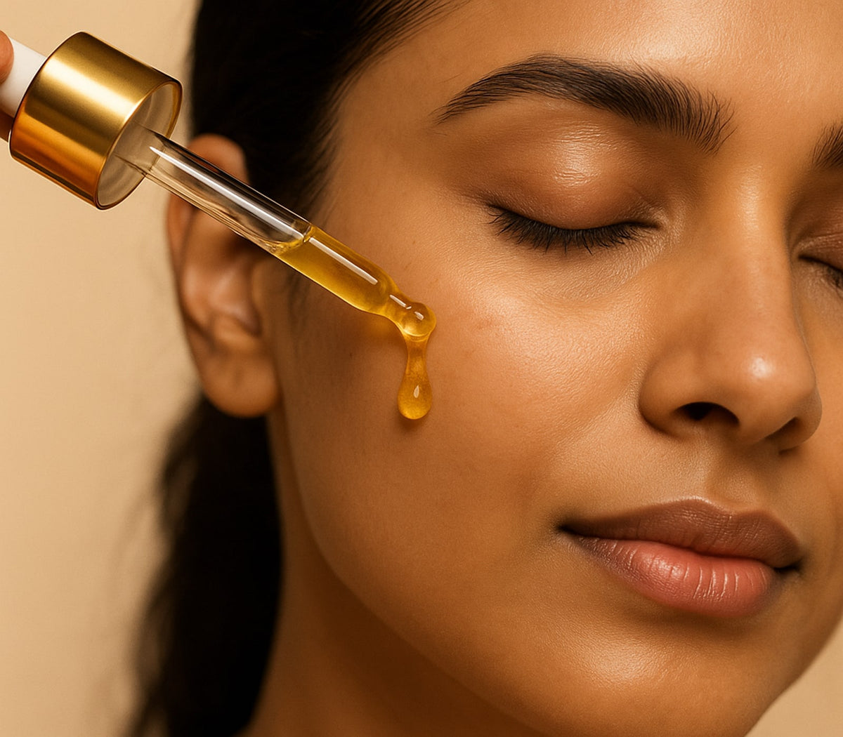 How to use Varnyaglow Botanical Glow Booster Serum — golden serum applied to the cheek